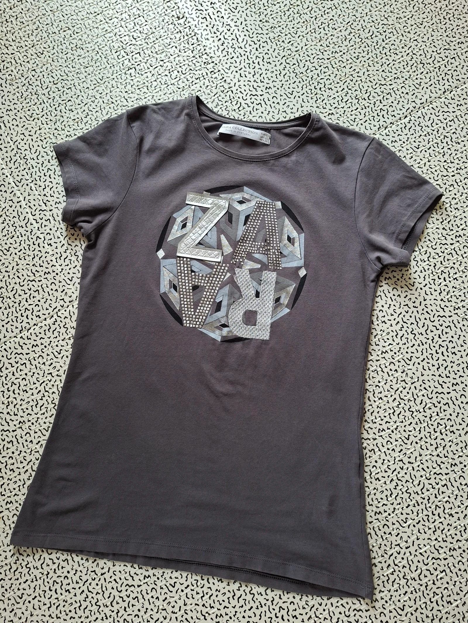 Zara Collection anthracite gray T-shirt M logo letters rhinestones short sleeves women – photo 6